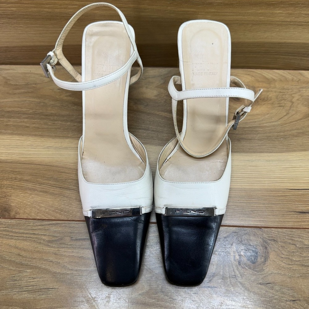 FENDI Vintage 90's Square Toe Pumps 8 M Black Cream White Cap Toe Ankle Strap